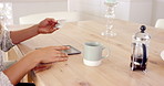 Home, credit card and hands with tablet for ecommerce, buy coffee subscription and digital payment. Online shopping, caffeine club sale and person with tech for checkout, typing bank details and info