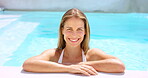 Resort, face and happy woman in pool on vacation for summer break, fun getaway and hospitality. Travel, person and laughing in water for swimming, holiday trip and weekend adventure at accommodation