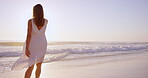 Freedom, spin and woman at beach for holiday, summer break and weekend travel for tropical getaway. Walking, tourism and person with coastal view for vacation peace, sunshine and wellness in Bali