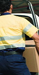 Box, logistics and packing van with man outdoor for delivery, distribution or shipping preparation. Courier, package ad supply chain with person in factory parking lot for export or import of goods