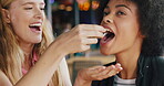 Share, happiness or friends in restaurant with oyster, dining fun or bonding together with food tasting. Smile, cuisine sampling or people with seafood, connection or good time in culinary activity.