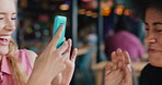 Phone, friends and women at restaurant for picture, laughing and social media post for happy memory. Mobile, photography and funny people at diner, bonding together and capture moment while eating