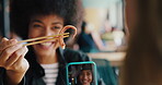 Friends, seafood and vlog with phone screen in restaurant, influencer and video on social media app. Happy woman, online and people with mobile for meal promotion, post and content creation in shop