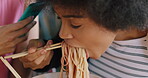 Woman, eating and vlog with phone in restaurant, content creation or food challenge for social media. Influencer, meal and recording dare with mobile, friends and people with smile for video in shop