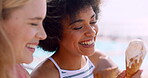 Outdoor, eating and friends with ice cream for bonding, summer holiday and talking for weekend break. Travel delicacy, vacation and women with gelato for happiness, discussion and connection on trip