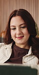 Streaming, smile or woman in living room with tablet, online reading or video browse on social media. Happy, multimedia or person in house with tech, ebook subscription or digital scroll in free time