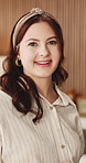 Face, business and woman in office, creative professional or social media marketer with career pride. Portrait, smile and confident worker in startup, content creator and person with ambition in USA