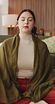 Mindfulness, calm or woman in lounge to relax, awareness practice or grounding exercise for mental health. Peace, meditation or person with holistic activity in home, reduce stress or spiritual zen