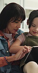 Relax, tablet and smile with mother and daughter on sofa in home for streaming, love and bonding. Movie subscription, support and media search with woman and child in living room of family house