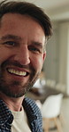 Face, man and family with home video for future memory, happy greeting or bonding together. Parents, child and hello in POV recording in house for personal archive, connection or healthy relationship