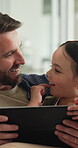 Relax, tablet and smile with father and daughter on sofa in home for streaming, love and bonding. Movie subscription, support and media search with man and child in living room of family house