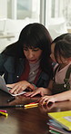 Mom, child and talk in home with homework, reading assessment and problem solving for skill development. Woman, daughter and conversation in house with language task, help and learning for education.
