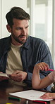 Learning, child and father with flash cards in home for animal questions, alphabet knowledge or study. Education, kid and dad with memory recall for homeschool, language quiz and creative development