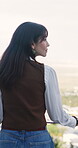 Balcony, thinking and woman with breath for mindfulness, morning reflection and outdoor view for calm. Peace, terrace and mature person with fresh air for perspective, gratitude mindset and space