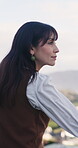 Balcony, thinking or woman with breath for peace, morning reflection or outdoor view for mindfulness. Terrace, calm or mature person with fresh air for perspective, gratitude mindset or stress relief