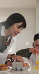 Baking, mom and girl in house with eggs, bonding or support in learning to cook. Help, woman or child with food preparation, healthy relationship or family connection for cognitive development.