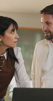 Couple, laptop and advice with discussion in home for startup proposal, venture support and trust. Entrepreneur, mature people and tech in kitchen for small business plan, pitch update and progress