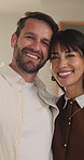 Face, couple and hug in home for love, connection and care with healthy relationship for support. Portrait, happy man and woman in house with loyalty, trust and embrace together with mature partner