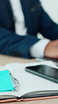 Hands, laptop and writing in notebook at office with review, feedback and project at insurance company. Person, computer and admin with report, typing and checklist for risk assessment at agency