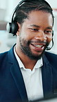 Happy, black man and consultant with headset in office for customer service or online advice. Businessman, agent or talking with smile or mic for virtual assistance, support or help in call center