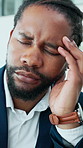 Frustrated, black man and headache with stress in office for mental health, fatigue or mistake. Tired, businessman or sore ache with migraine or massage for vertigo, anxiety or dizziness in workplace