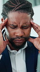 Frustrated, black man or headache with stress for strain, pressure or overworked in office. Tired, businessman or sore ache with migraine or massage for fatigue, anxiety or mental health in workplace