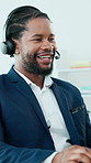 Happy, black man or agent with headset in office for online finance advice or customer service. Businessman, consultant or financial advisor talking with mic for virtual assistance or help or support