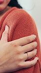 Hands, woman and massage arm pain in home for muscle sprain, inflammation and injury discomfort. Tendinitis, person closeup and pinched nerve in house with joint compression, osteoporosis or pressure