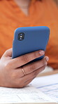 Budget, phone and hands of woman in home for financial planning, documents, research and fintech. Banking report, online account and investment app with person and mobile for calculating bills