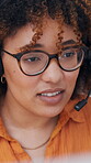 Telemarketing, glasses and woman with headset in call center, lead generation and talk with contact. Happy, consultation and African person with mic for communication, sales and explaining offer