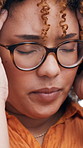 Stress, remote work and business woman with headache for burnout, overworked and worry for deadline. Freelance, glasses and upset person with fatigue, head pain and tension for pressure in home