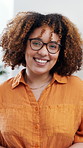 Happy, creative and face of woman in office with confidence for editing, publishing and journalism career. Magazine, agency and portrait of person with pride for copywriting, opportunity and glasses