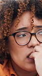 Thinking, stress and business woman with anxiety for burnout, overworked and worry for deadline. Closeup, glasses and upset person biting nails for pressure, tension and unsure of work mistake