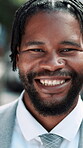 Smile, professional and face of business black man in city for lawyer, corporate and legal counsel. Happy, confidence and attorney with person outdoors for commute, pride and advocate about us