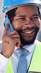 Phone call, engineer and talk with black man in city for construction manager, contact and advisor. Building project, communication and contractor with person and mobile outdoor for discussion