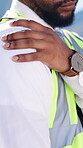 Shoulder pain, engineer and hand of man in city for construction safety, emergency and contractor. Building site injury, project accident and muscle fatigue with person outdoor for hazard and bruise