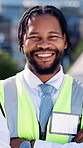 Arms crossed, engineer and face of black man in city for construction site, pride and contractor. Building inspection, about us and architecture adviser with person outdoor for project and renovation