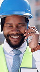 Phone call, engineer and happy with black man in city for construction manager, contact and advisor. Building project, communication and contractor with person and mobile outdoor for discussion