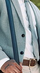 Bag, walking and hands of business man in city for morning commute, professional and movement. Travel, corporate and opportunity with person outdoor for career journey, pedestrian and downtown