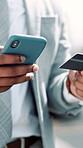 Credit card, phone and hands of business man in city for investment app, research and online shopping. Payment verification, trading broker and fintech with person and mobile outdoor for password