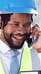 Phone call, engineer and smile with black man in city for construction manager, contact and advisor. Building project, communication and contractor with person and mobile outdoor for discussion