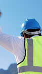 Winner, engineer and back with black man in city for construction site, excited and contractor. Building inspection, celebration and architecture with low angle of person outdoor for project success