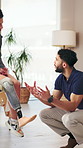 Physiotherapist, amputee and leg with people, explain and rehabilitation for person with disability. Advice, feedback or consultation for medical prosthetic, physical therapy or man with woman