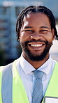 Smile, engineer and face of black man in city for construction site, pride and contractor. Building inspection, about us and architecture adviser with person outdoor for project and renovation