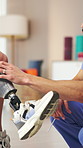 Physiotherapist, amputee or leg with people, hands or rehabilitation for person with disability. Advice, screwdriver or consultation for medical prosthetic, physical therapy or conversation in clinic