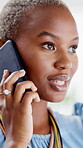 Talking, business or black woman with phone call in office, client consulting or investment feedback. Speaking, financial advice or trader with mobile for stock exchange update, smile or negotiation