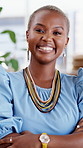 Happy, crossed arms and face of black woman in office with confidence for creative career at startup. Smile, professional and portrait of African female copywriter with pride for job opportunity.