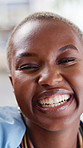 Happy, about us and face of black woman in office with confidence for creative career at startup. Kiss, professional and portrait of African copywriter with pride for job opportunity in workplace.