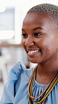 Design, smile and typing with black woman in office for artistic career or creative project. Online, report and review with African designer in workplace for email feedback, planning or research