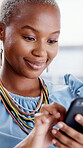Scroll, smile or black woman with phone in office, monitor campaign engagement or marketing feedback. Reading comments, typing or social media manager with tech for planning, trend research or laugh